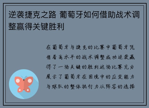 逆袭捷克之路 葡萄牙如何借助战术调整赢得关键胜利
