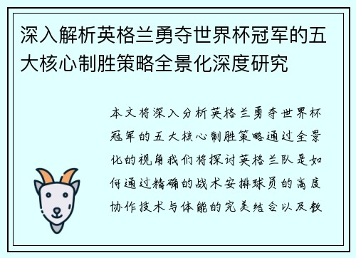 深入解析英格兰勇夺世界杯冠军的五大核心制胜策略全景化深度研究