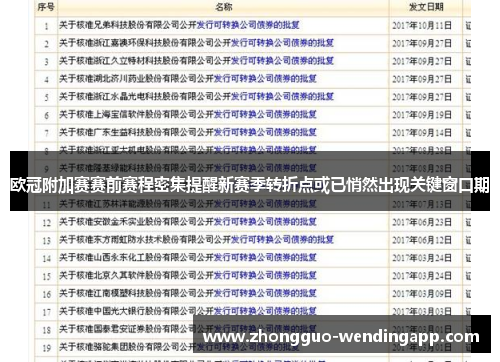 欧冠附加赛赛前赛程密集提醒新赛季转折点或已悄然出现关键窗口期