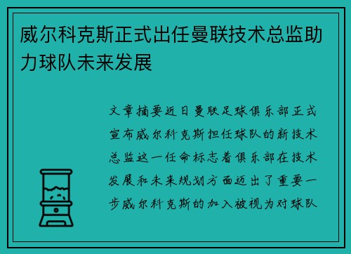 威尔科克斯正式出任曼联技术总监助力球队未来发展 威尔科克斯正式出任曼联技术总监助力球队未来发展