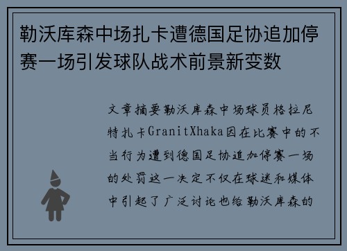 勒沃库森中场扎卡遭德国足协追加停赛一场引发球队战术前景新变数