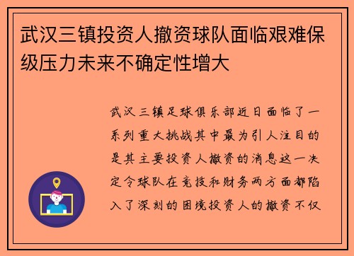 武汉三镇投资人撤资球队面临艰难保级压力未来不确定性增大 武汉三镇投资人撤资球队面临艰难保级压力未来不确定性增大